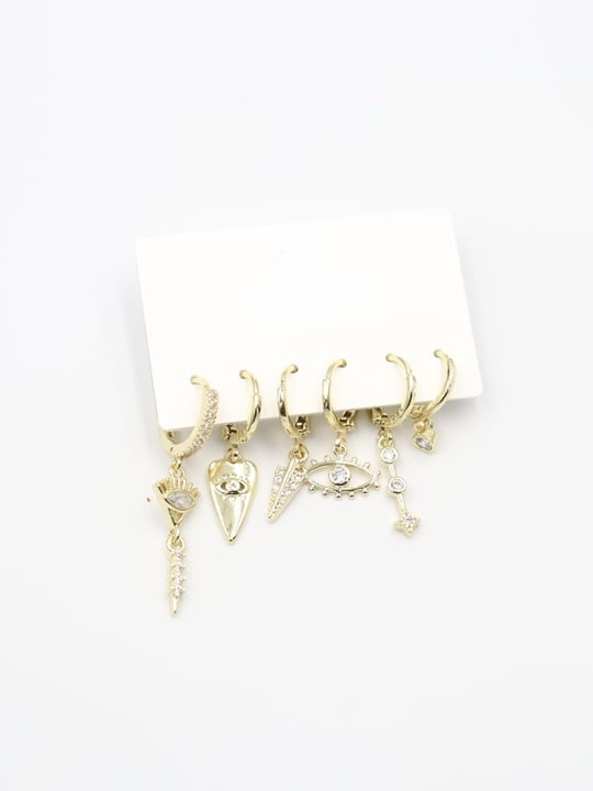 Gold renk göz ve taş sallantılı set küpe