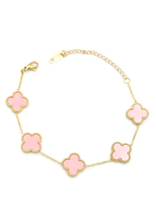 Gold renk pembe mineli yonca bileklik