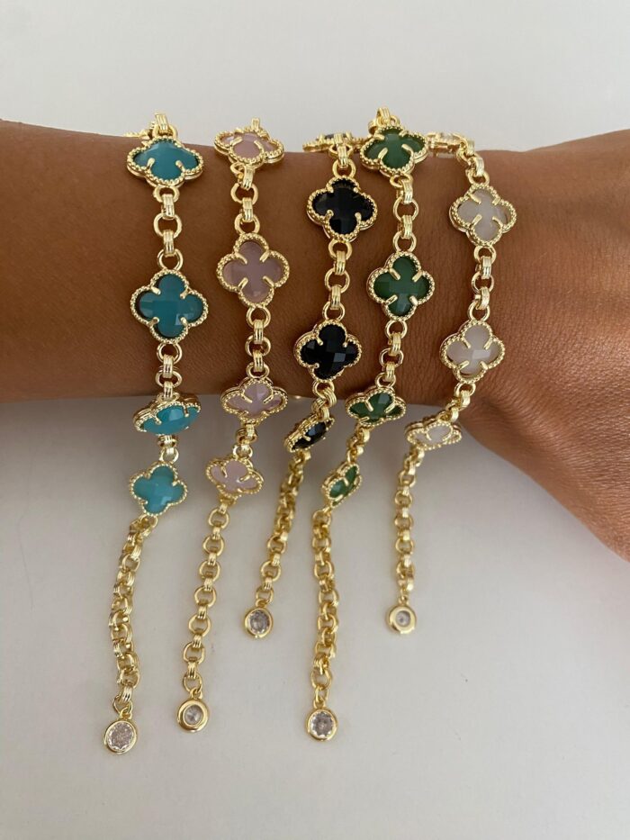 Gold renk zümrüt yeşil mineli yonca bileklik