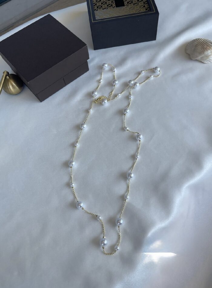 Gold zincire irili ufaklı sıralanmış inci kolye (90cm)