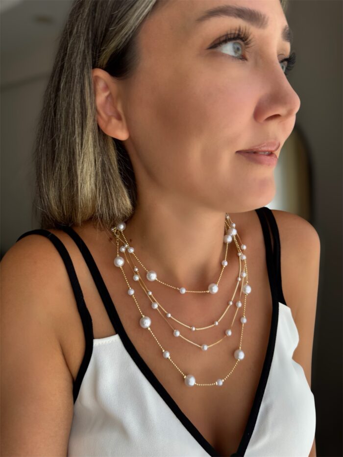 Gold zincire irili ufaklı sıralanmış inci kolye (90cm)