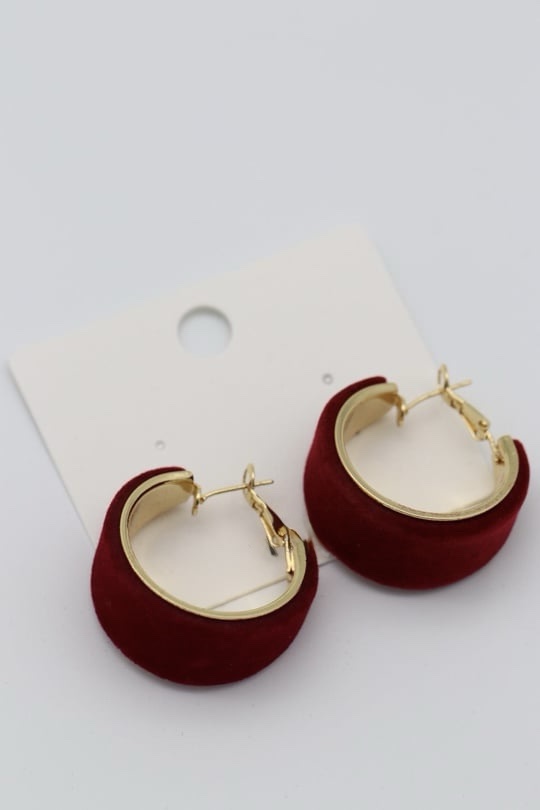 Bordo kadife kaplama büyük halka küpe