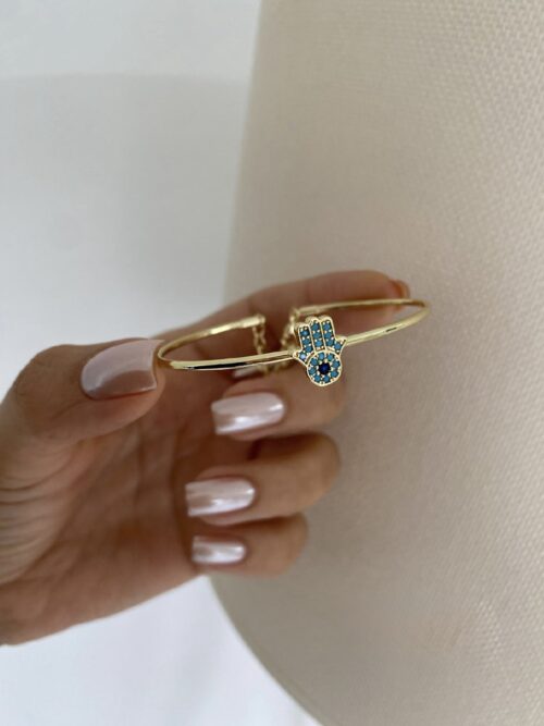 Gold renk turkuaz taşlı fatmaanaeli kelepçe bileklik