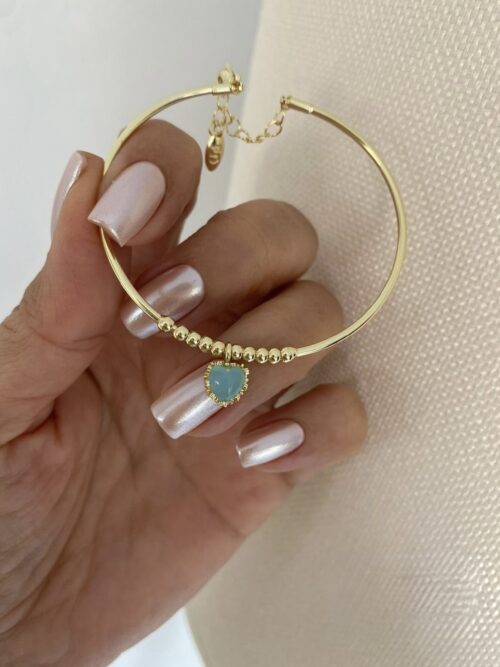 Gold renk turkuaz kalp sallantılı kelepçe bileklik