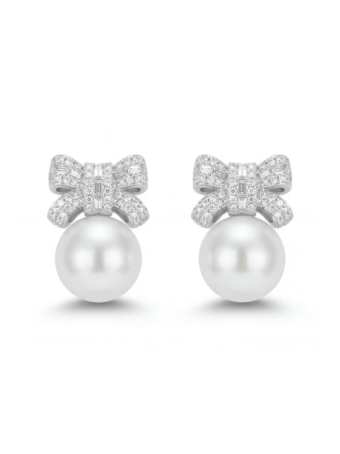 Silver renk taşlı fiyonk inci uçlu küpe