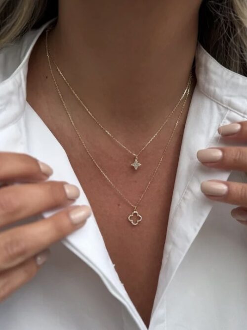 Gold renk yonca uçlu kombin kolye