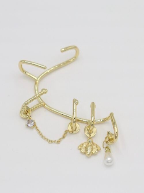 Gold renk inci ve arı sallantılı earcuff küpe (tekli)