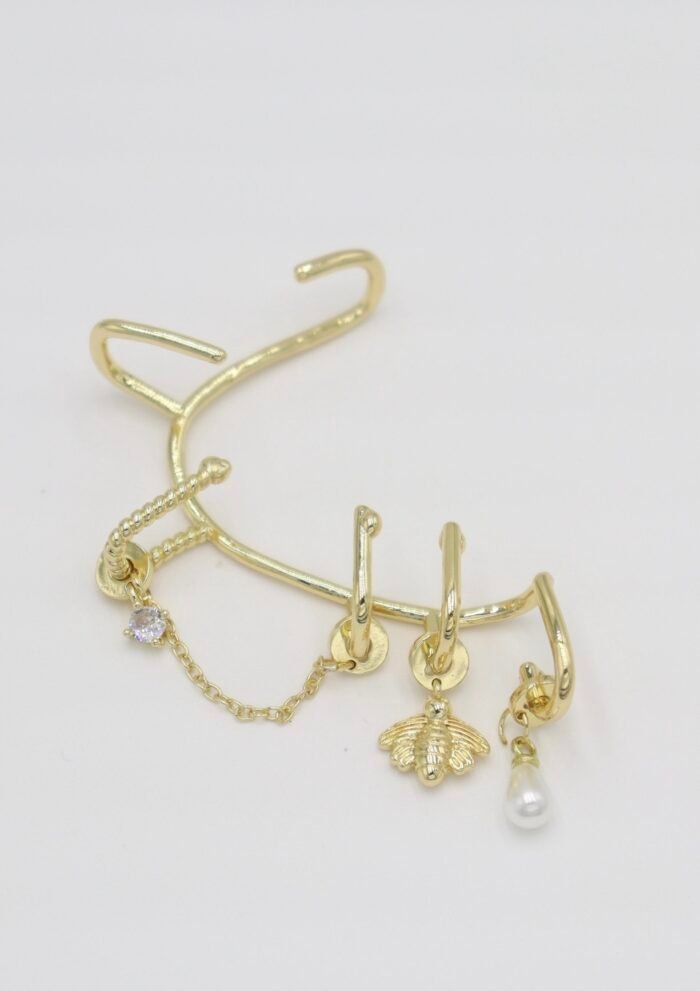 Gold renk inci ve arı sallantılı earcuff küpe (tekli)