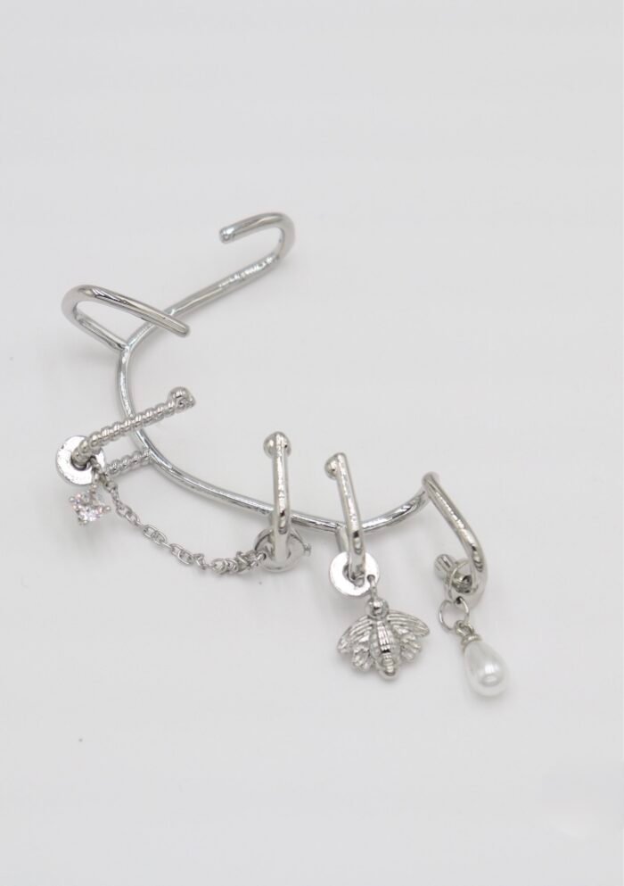 Silver inci ve arı sallantılı earcuff küpe (tekli)